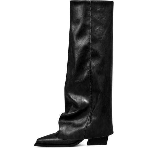 Women Black Wide Calf Slouchy Shark Pointed Toe Fold Over Knee High Tall Boots - Picture 7 of 8